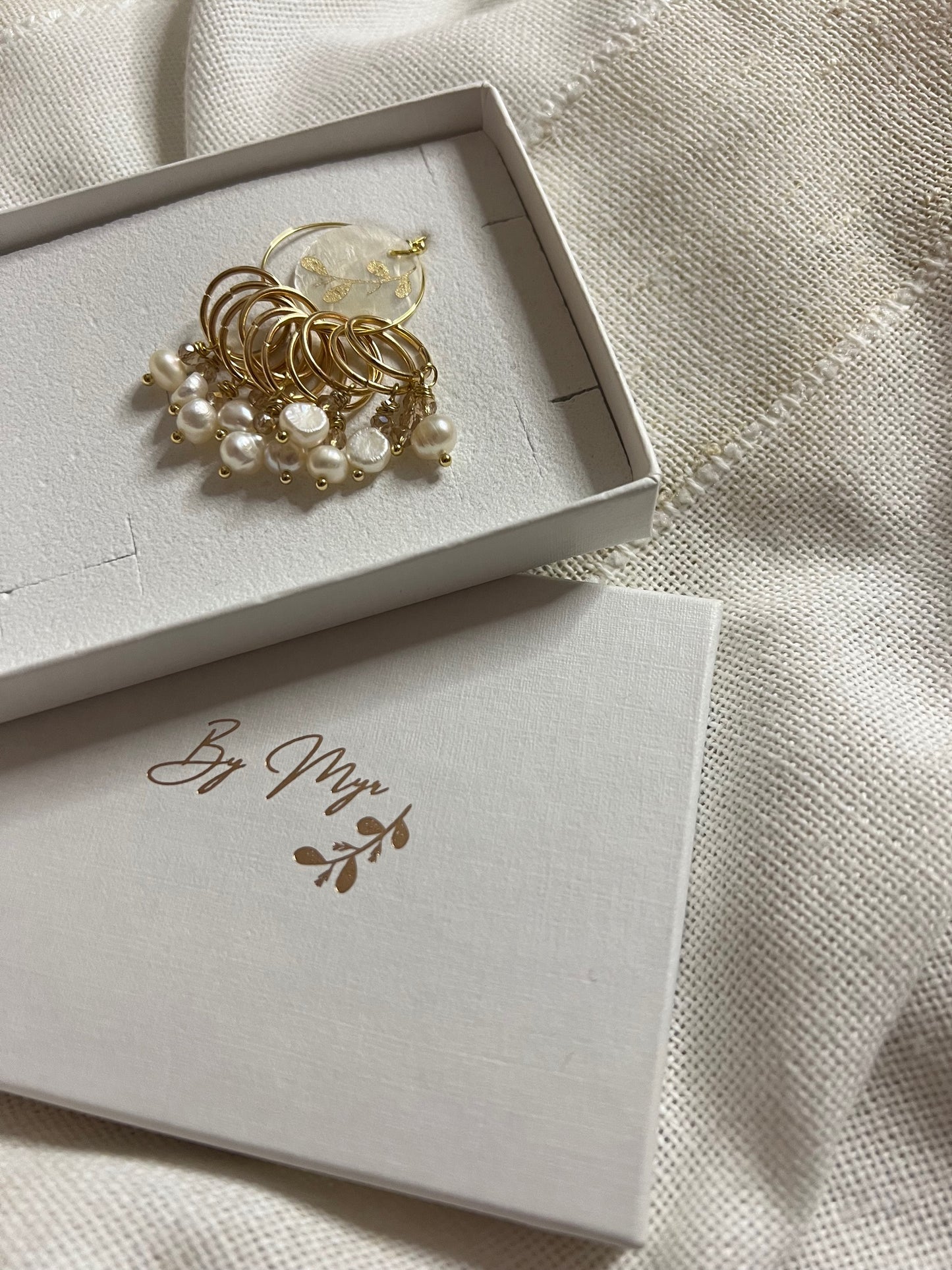 Mask markers with white freshwater pearls and silver-plated or gold-plated rings, 10 pcs.