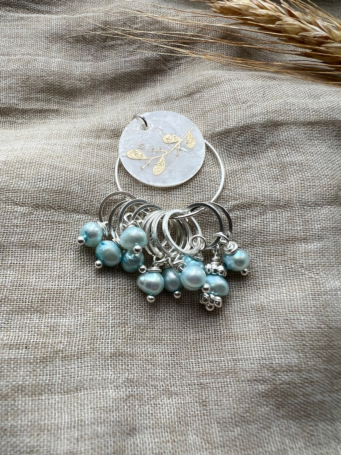 Mask markers with turquoise freshwater pearls and flat silver-plated rings, 10 pcs.